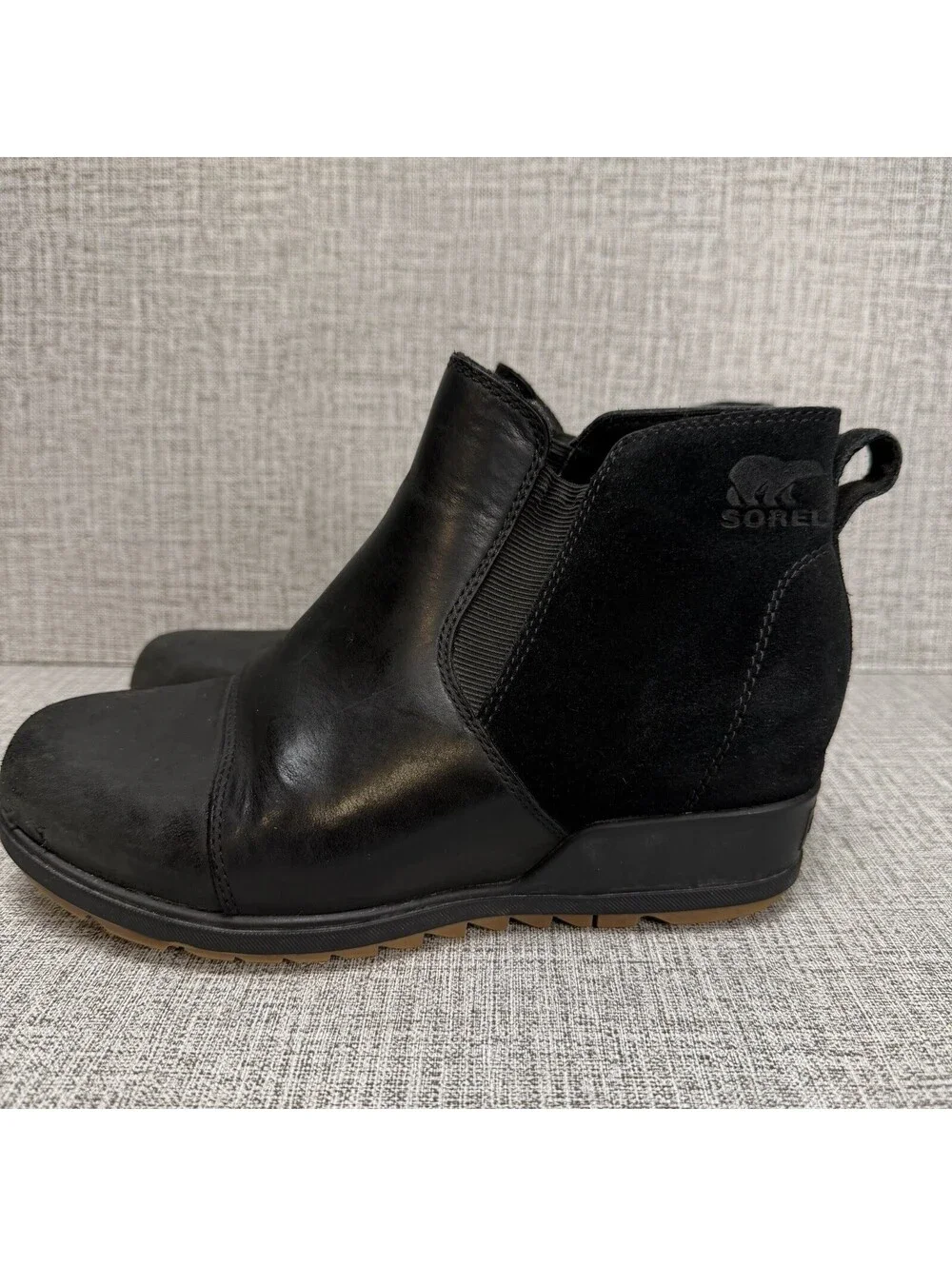 Sorel Booties Womens Sz 8 Black Leather & Suede Pull On Chelsea Ankle Boots Evie